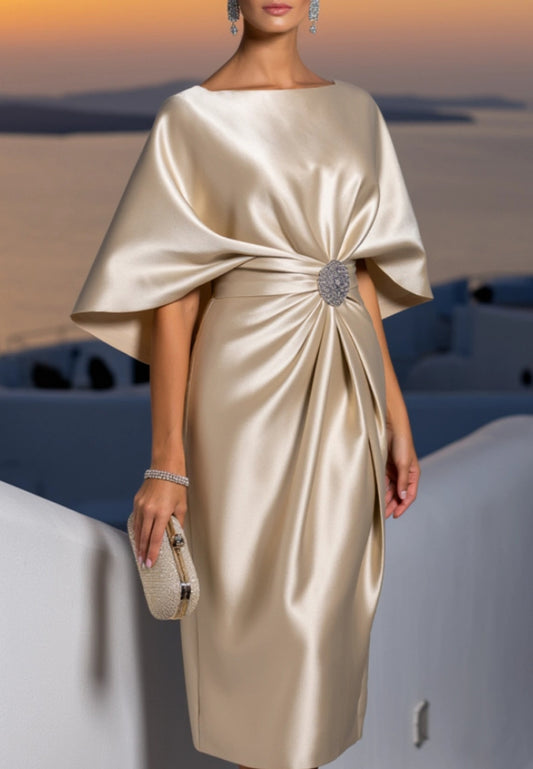 Cocktail Satin Dress Champagne Crew Neck Knee-Length Dress