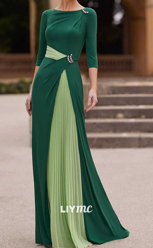 M1074 - Column Mother of the Bride Dress Elegant Jewel Neck Floor Length Crepe Stretch Chiffon 34 Length Sleeve