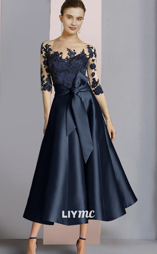 M1082 - Column Mother of the Bride Dress  Scoop Neck Ankle Length Satin Lace Half Sleeve with Bow