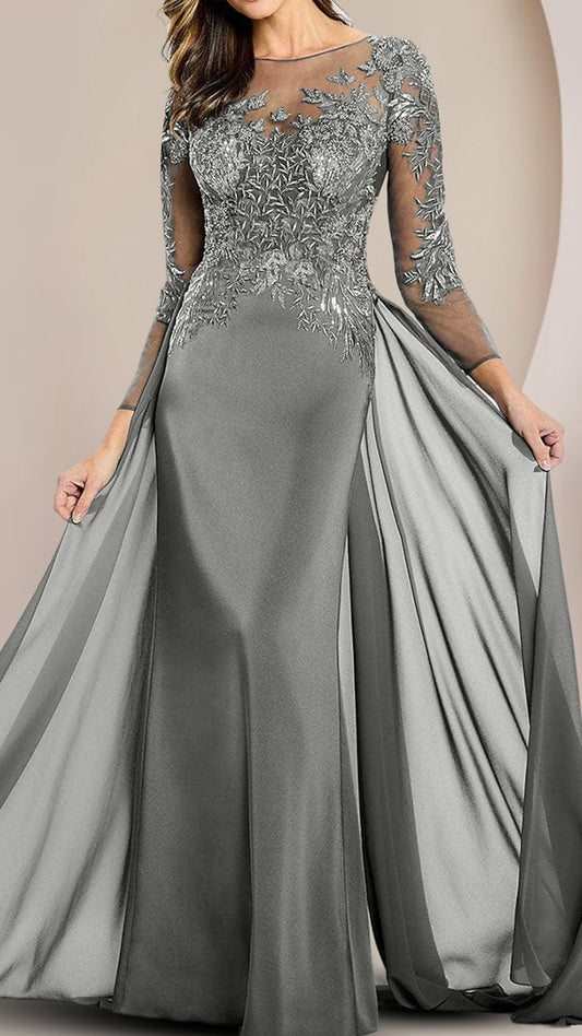 M1066 - Column Mother of the Bride Dress  Scoop Neck Floor Length Chiffon Lace Long Sleeve with Beading Appliques