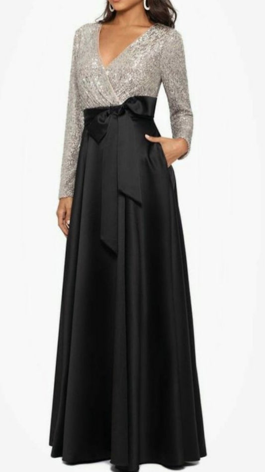 M1070 - Column Mother of the Bride Dress Shine V Neck Floor Length Satin Sequined Long Sleeve with Bow(s) Pleats