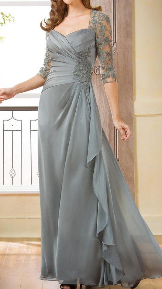 M1071 - Column Mother of the Bride Dress t Floor Length Chiffon 34 Length Sleeve with Ruched Appliques