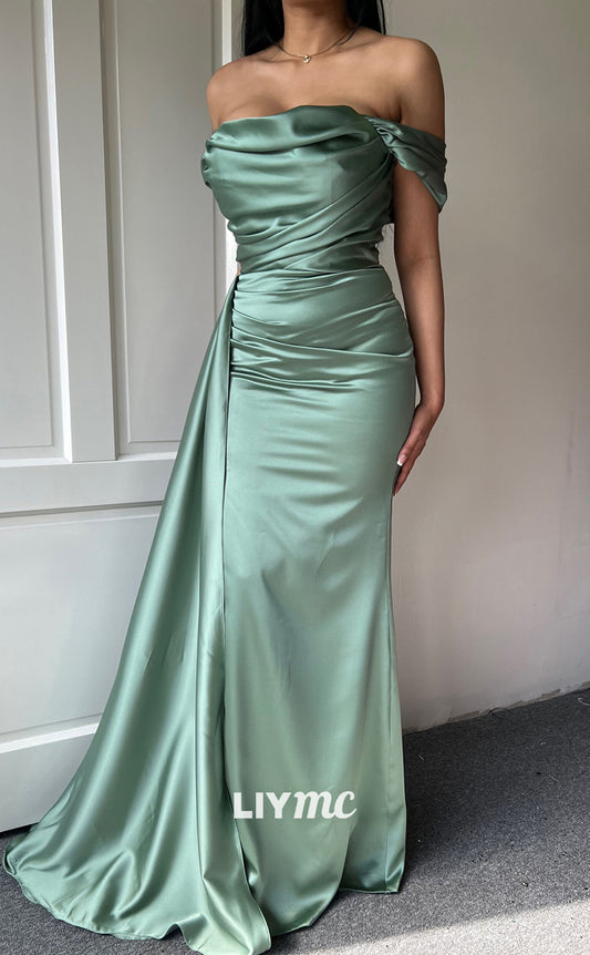 LP1357 - Column Strapless Sleeveless Stain Ruchde Sweep-Length Prom Evening Gown