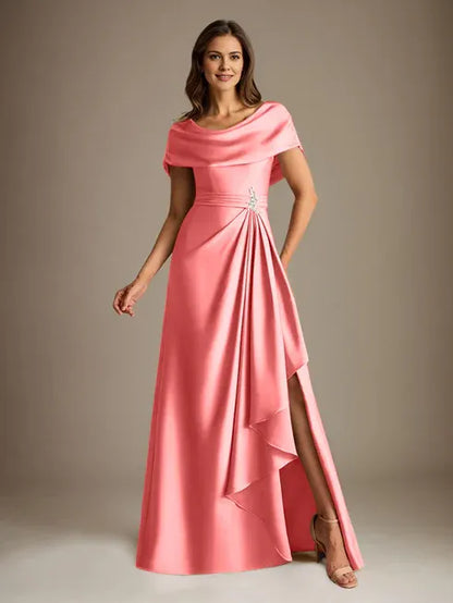 A-Line Scoop Floor-Length Stretch Satin Mother of the Bride Dress With Cascading Ruffles