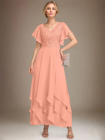 A-line V-Neck Ankle-Length Lace Chiffon Mother of the Bride Dress With Cascading Ruffles