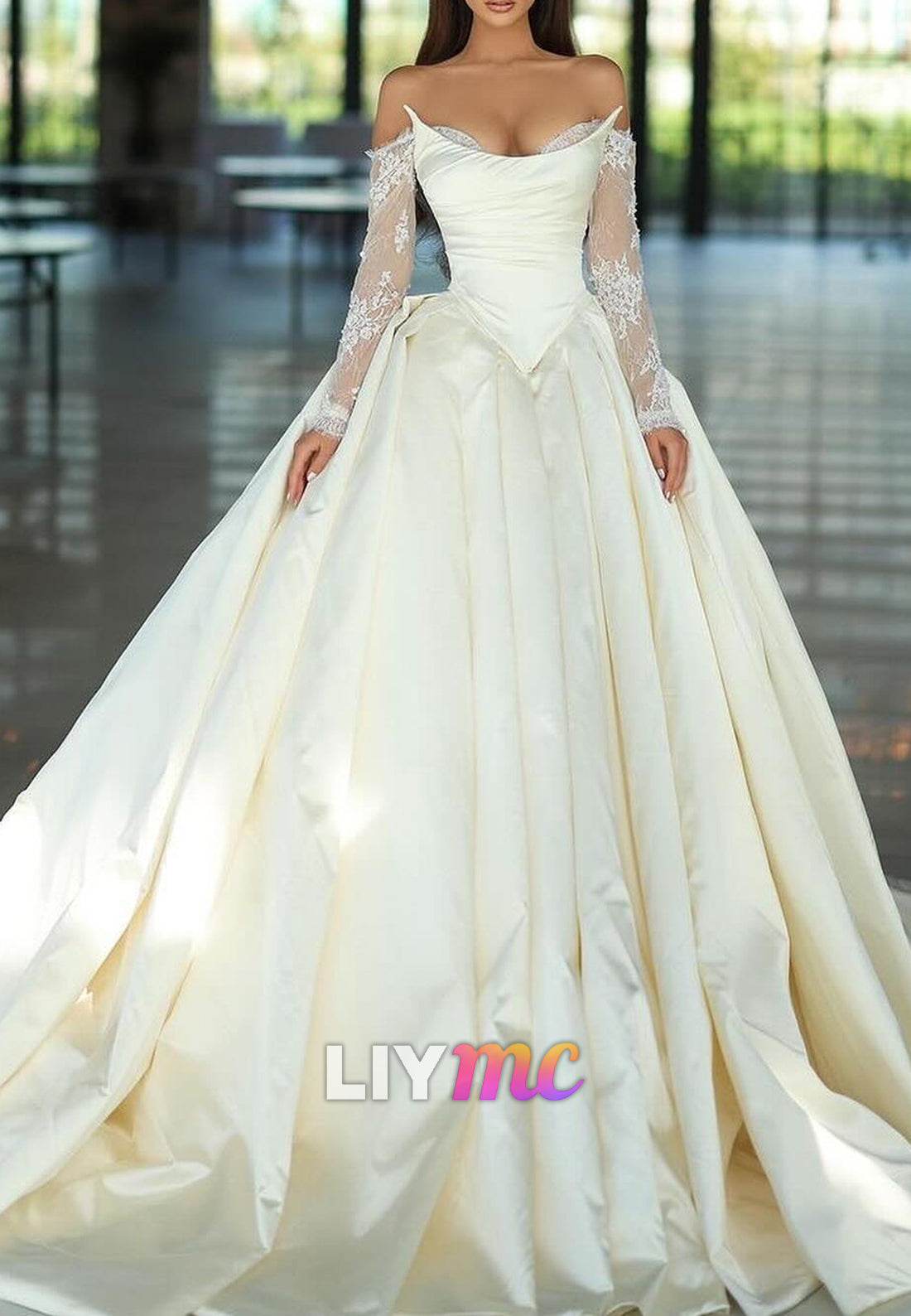 Corset Long Sleeves Pleated Satin V-Neck Wedding Dress