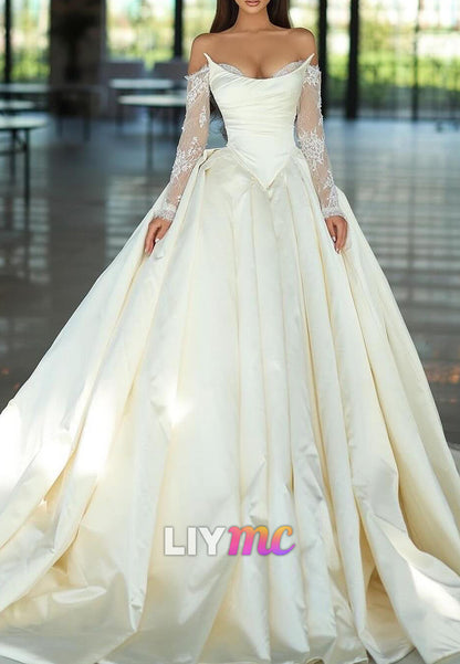 Corset Long Sleeves Pleated Satin V-Neck Wedding Dress