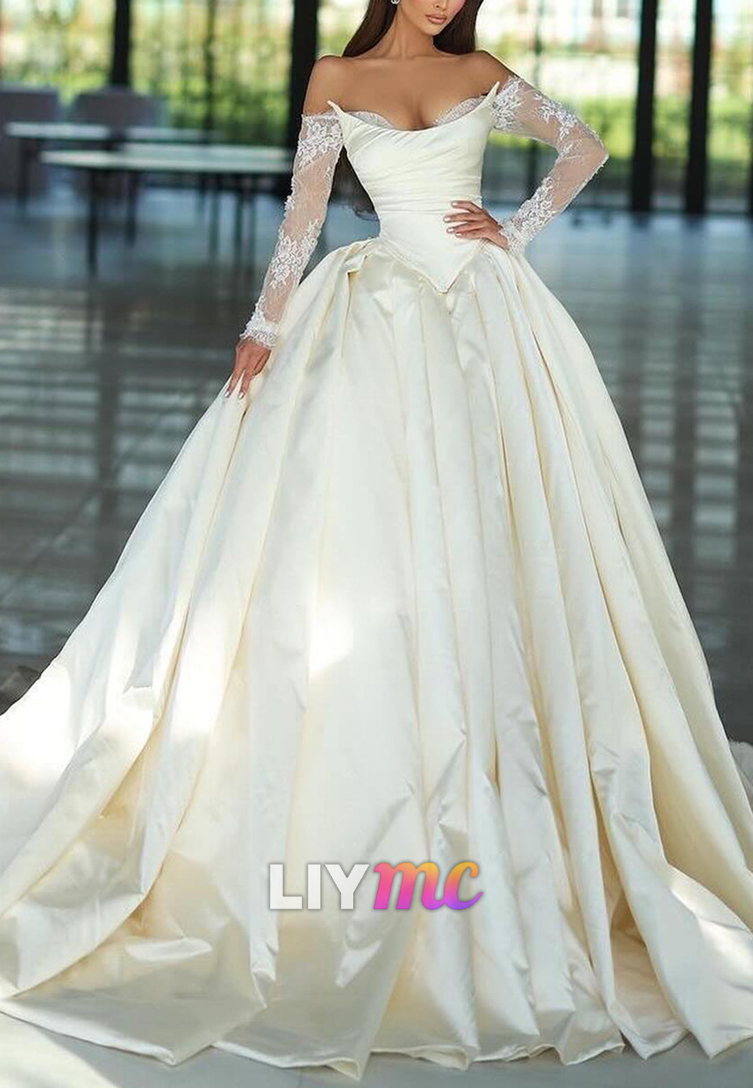 Corset Long Sleeves Pleated Satin V-Neck Wedding Dress