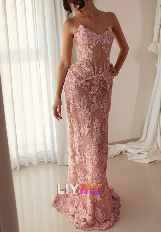 Corset V-Neck Spaghetti Straps Appliques Mermaid Prom Dress