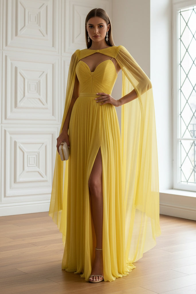 Pleated Sweetheart Tulle A-Line Prom Dress with Cape
