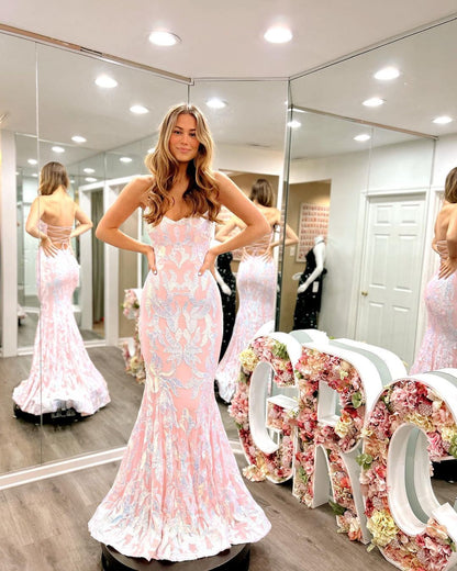Cute Mermaid Strapless Blush Pink Long Prom Dresses