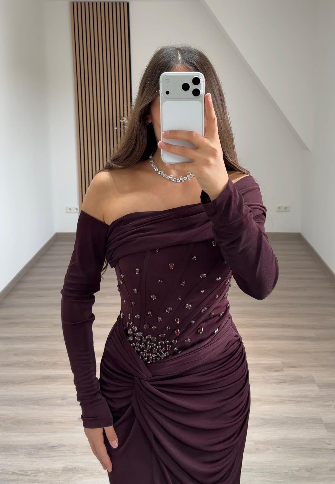 Asymmetrical Long Sleeves Beaded Mermaid Evening Dress