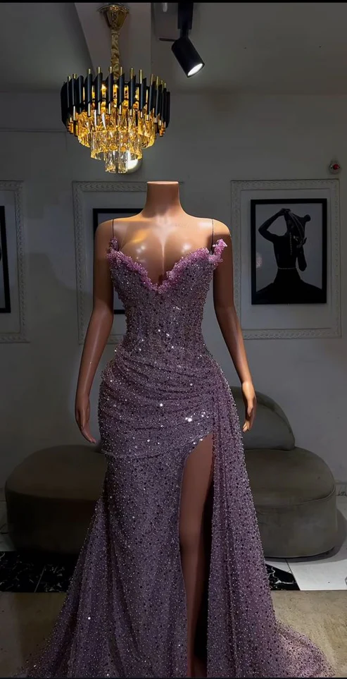 Light Purple Sweetheart Beading Sequins Black Girl Long Evening Party Gown