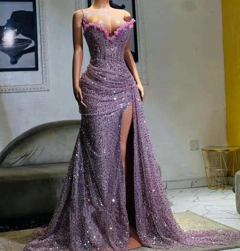 Light Purple Sweetheart Beading Sequins Black Girl Long Evening Party Gown