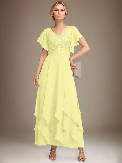 A-line V-Neck Ankle-Length Lace Chiffon Mother of the Bride Dress With Cascading Ruffles
