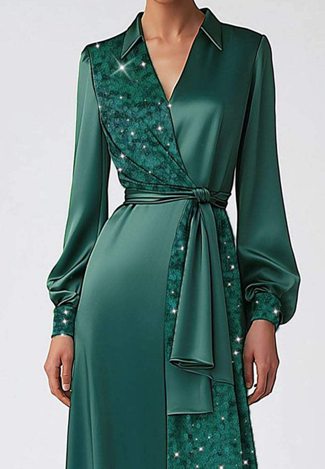 Daily Dark Green Dress V-neck Satin Sequins Sleek Cocktail Casual Dress