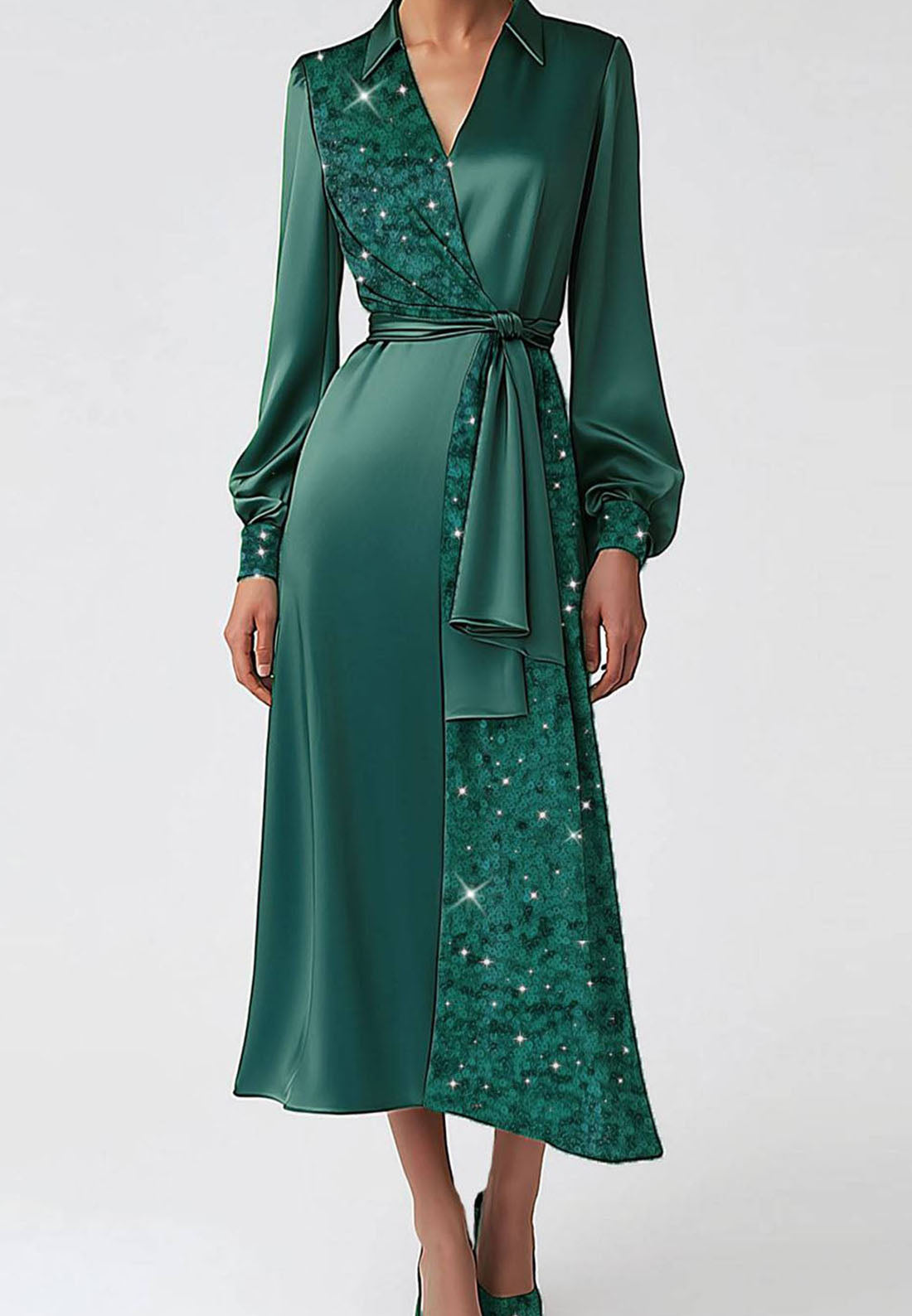 Daily Dark Green Dress V-neck Satin Sequins Sleek Cocktail Casual Dress