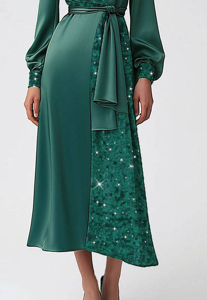 Daily Dark Green Dress V-neck Satin Sequins Sleek Cocktail Casual Dress