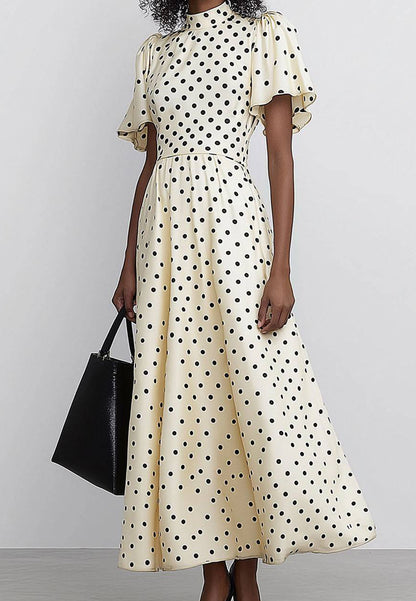 Daily Polka Dot Dress Lotus Leaf Sleeves Midi Dress