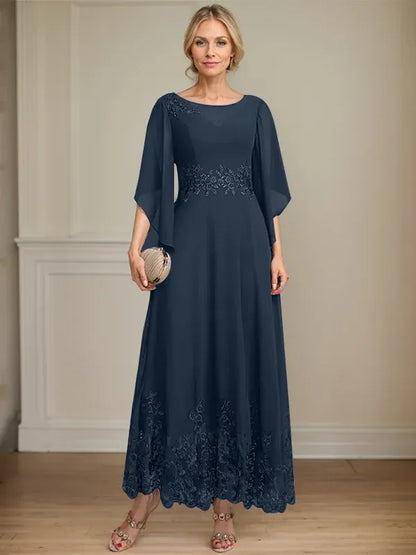 A-line Scoop Illusion Ankle-Length Lace Chiffon Mother of the Bride Dress With Sequins