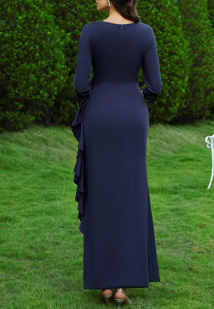 Dark Blue Ruched V Neck Long Sleeve Mermaid Floor Length Dress