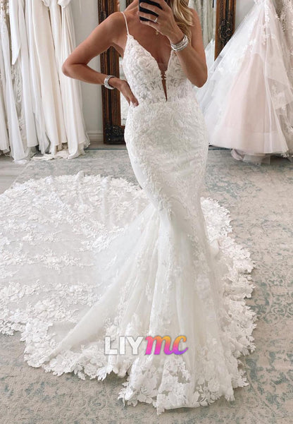 Deep V-Neck Appliques Straps Mermaid Wedding Dress