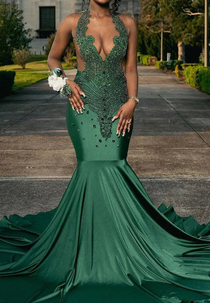 Deep V-Neck Sleeveless Beaded Pleated Mermaid Prom Dress for Black Girls