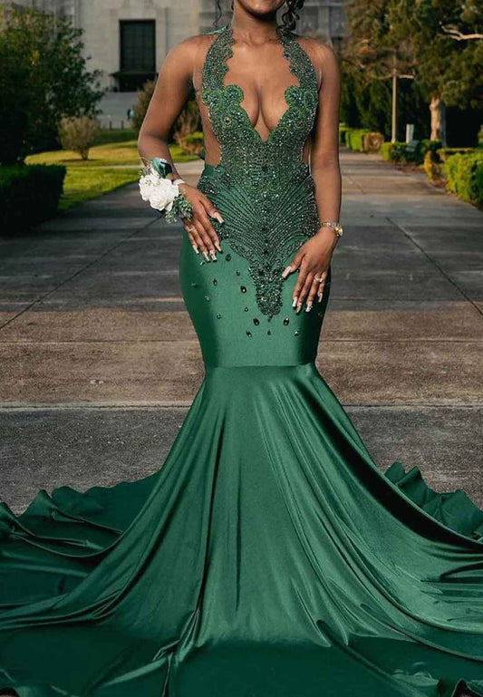 Deep V-Neck Sleeveless Beaded Pleated Mermaid Prom Dress for Black Girls