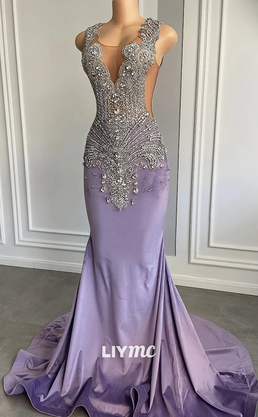 LP1433 - Dramatic V-Neck Sleeveless Crystal Beaded Sparkly Mermaid Prom Dress for Black Girls Slay