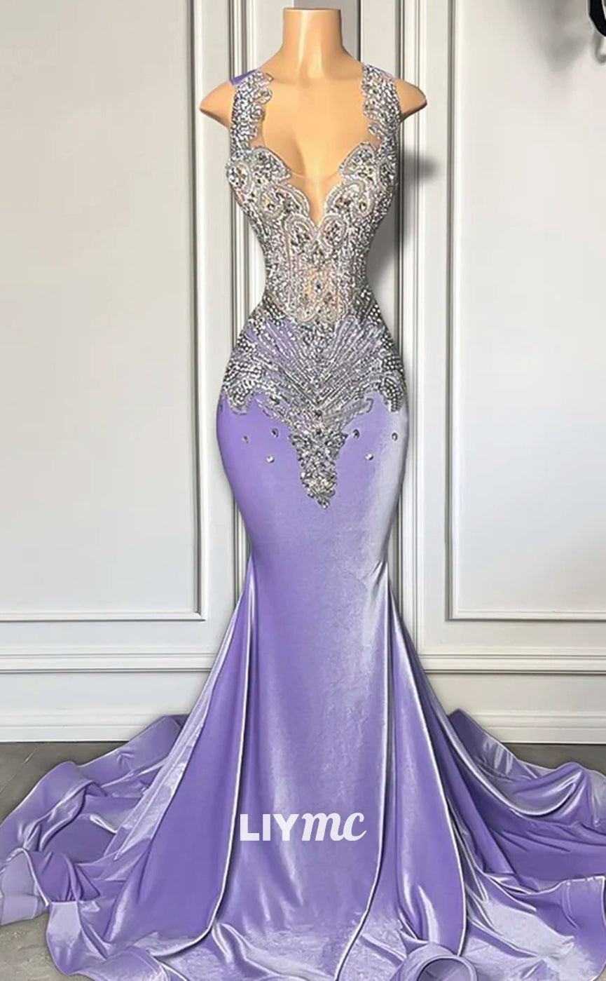 LP1433 - Dramatic V-Neck Sleeveless Crystal Beaded Sparkly Mermaid Prom Dress for Black Girls Slay