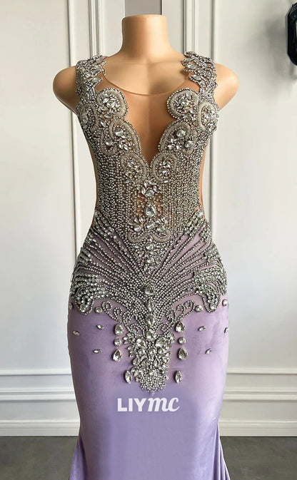 LP1433 - Dramatic V-Neck Sleeveless Crystal Beaded Sparkly Mermaid Prom Dress for Black Girls Slay