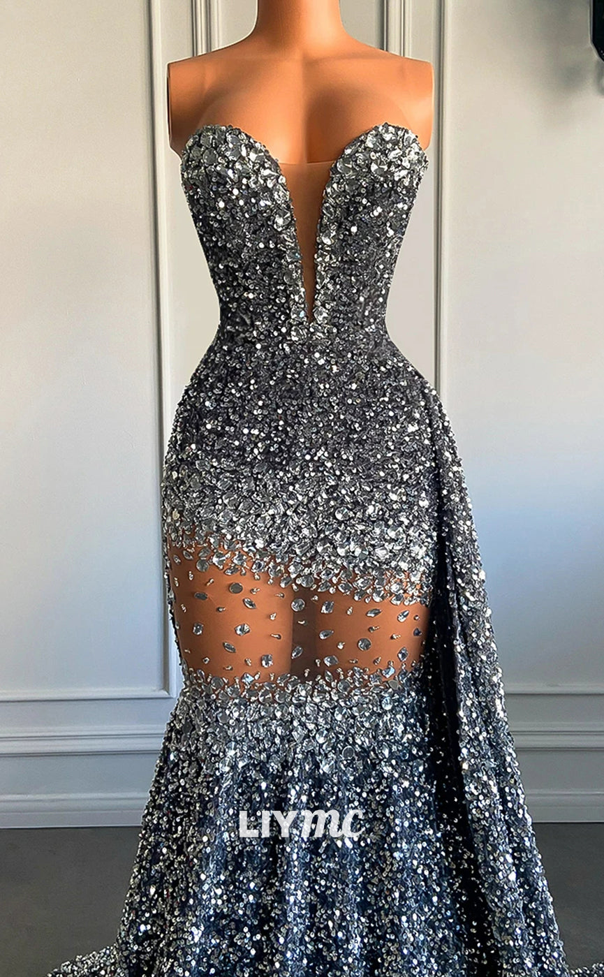 LP1440 - Drammatic Low V-Neck Sleeveless Beaded Sheer Sparkly Mermaid Prom Dress for Black Girls Slay