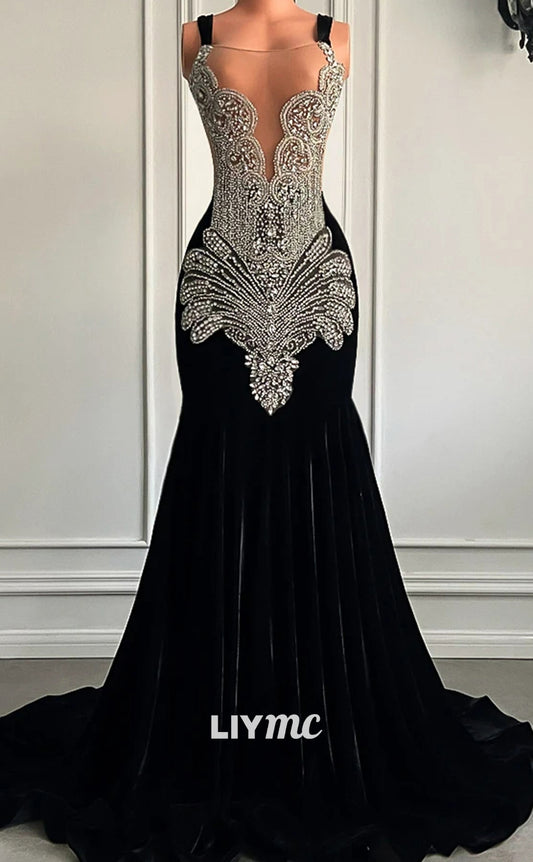 LP1443 - Drammtic Low V-Neck Sleeveless Crystal Beaded Mermaid Prom Dress for Black Girls Slay