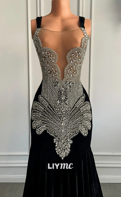 LP1443 - Drammtic Low V-Neck Sleeveless Crystal Beaded Mermaid Prom Dress for Black Girls Slay