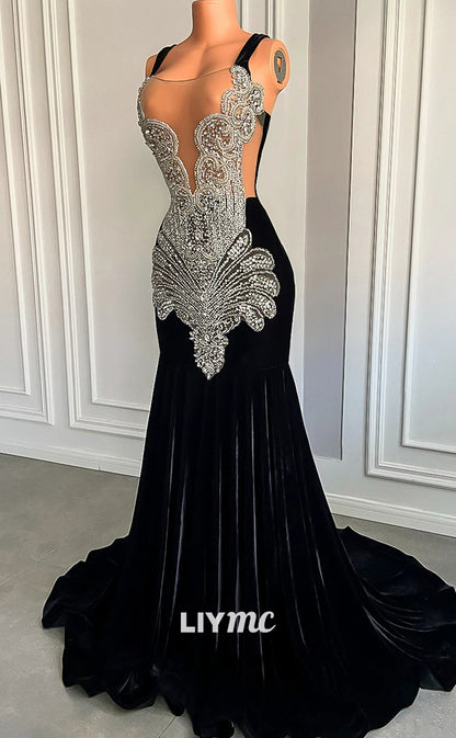 LP1443 - Drammtic Low V-Neck Sleeveless Crystal Beaded Mermaid Prom Dress for Black Girls Slay