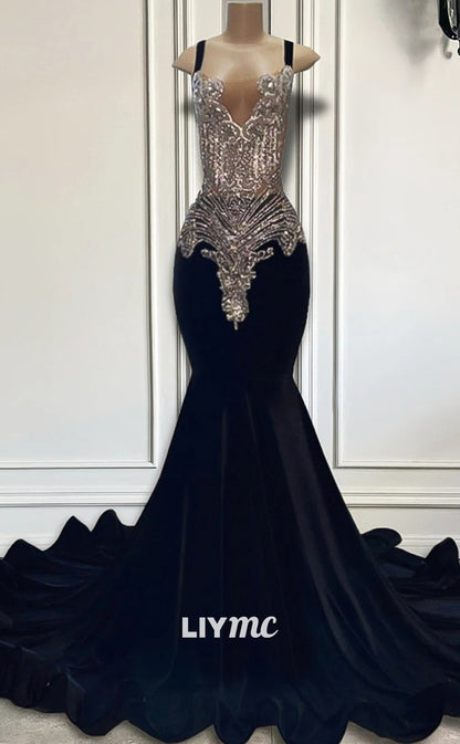 LP1443 - Drammtic Low V-Neck Sleeveless Crystal Beaded Mermaid Prom Dress for Black Girls Slay