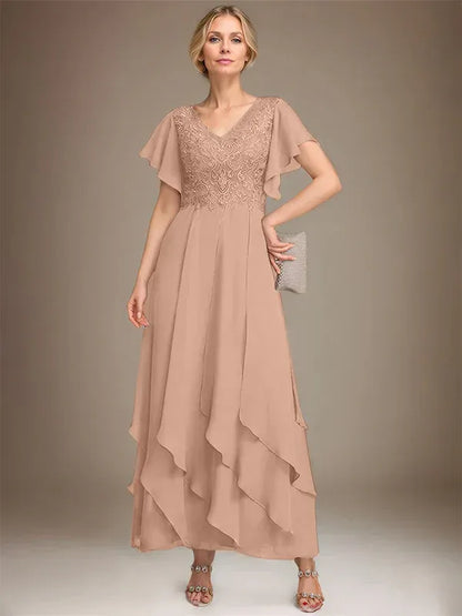 A-line V-Neck Ankle-Length Lace Chiffon Mother of the Bride Dress With Cascading Ruffles