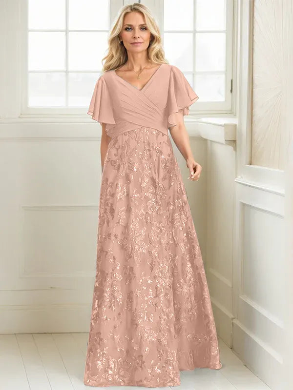 A-line V-Neck Floor-Length Lace Sequin Chiffon Mother of the Bride Dress With Pleated