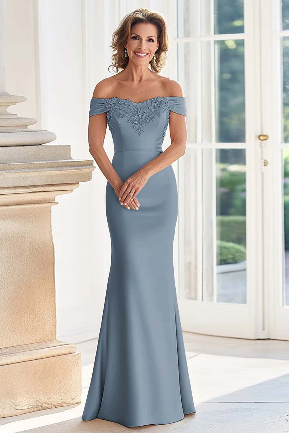 Champagne Off the Shoulder Sheath Mother of the Bride Dress with Appliques