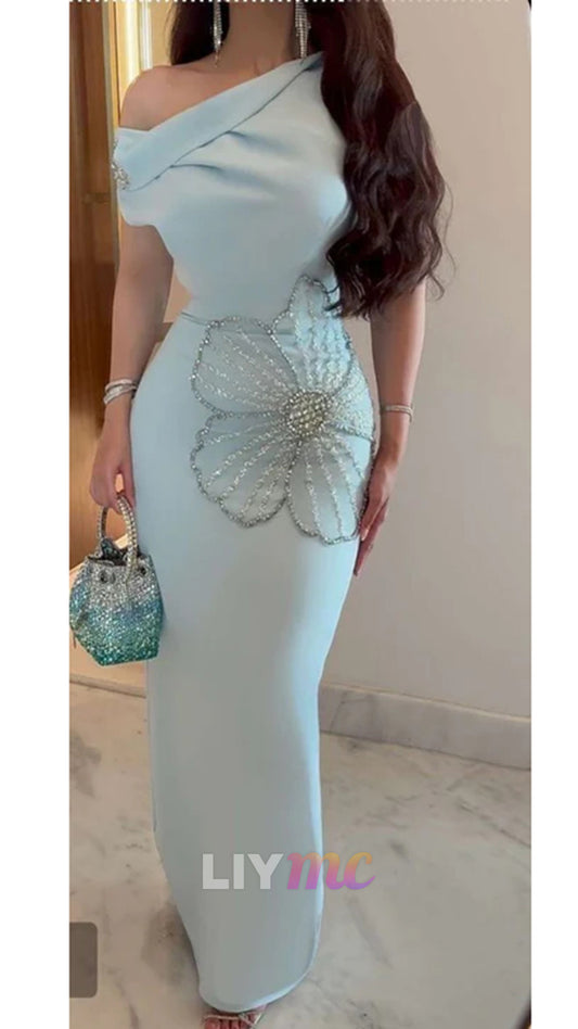 Elegant Bodycon Pale Blue Long Prom Dresses One-shoulder Chiffon Pale Blue Formal Dresses