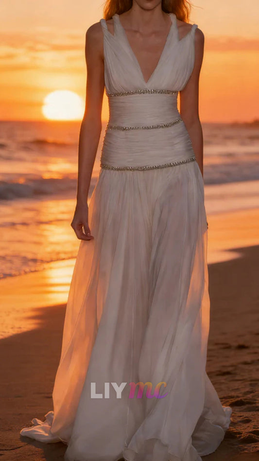 Chic WhiteProm Dress V-Neck Sheath Birthday Dress Chiffon Sleeveless Evening Dress