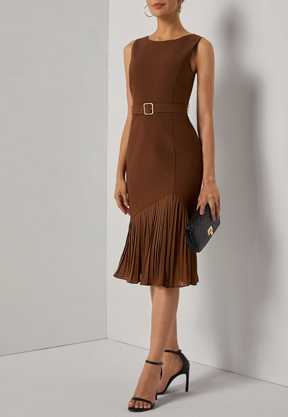 Brown Pleated Slit Classic Boat Neck Sleeveless Mermaid Midi Dress