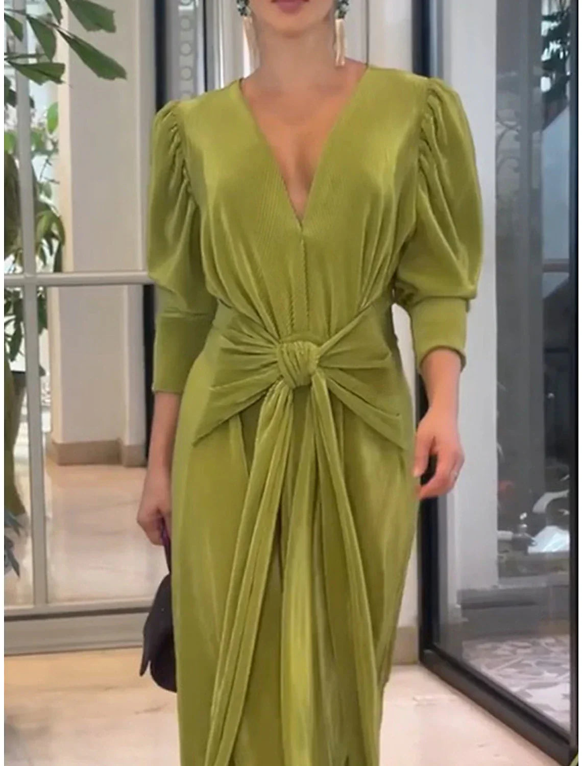 Women's Prom Dress Party Dress Wedding Guest Dress Long Dress Maxi Dress Green Long Sleeve Pure Color Knot Front Spring Fall Winter V Neck Party Winter Dress Evening Party Wedding Guest