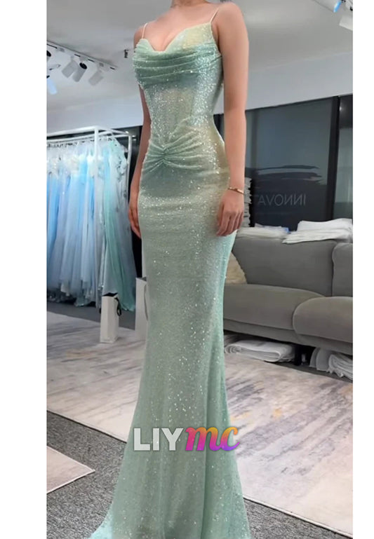 Elegant Green Sheath Long Prom Dresses Tulle Sapghetti Straps Evening Dresses Sleeveless Bridesmaid Dresses