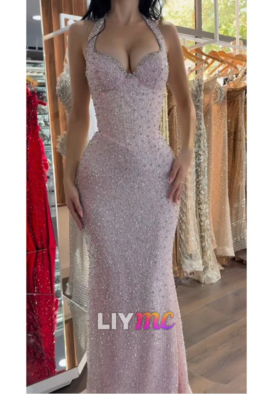 Sexy Pink Sheath Long Prom Dresses Tulle Glitter Halter Evening Dresses Sleeveless Formal Dresses