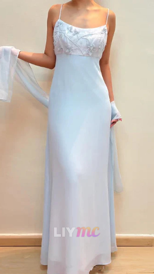 Elegant Pastel Blue Straps Chiffon Appliques Beaded Prom Evening Dress