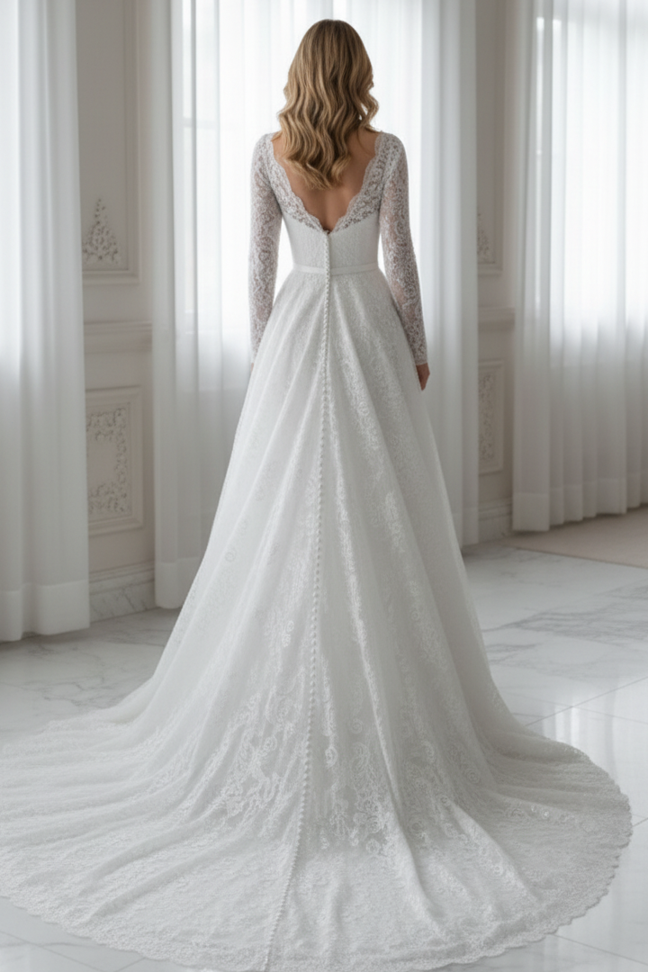 Elegant Long Sleeve Lace A-Line Wedding Dress with Sweep Train