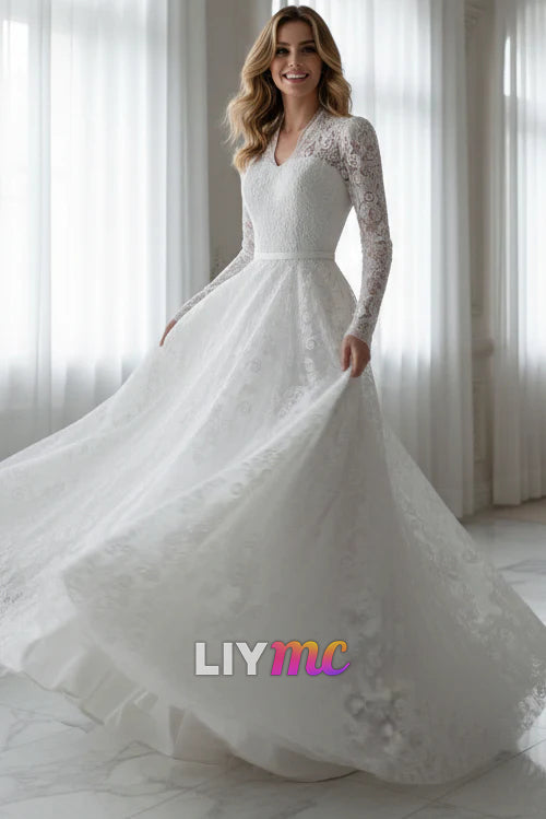 Elegant Long Sleeve Lace A-Line Wedding Dress with Sweep Train