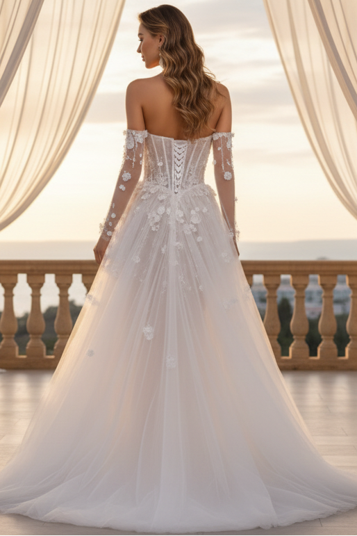 Elegant Sheer Corset Wedding Gown with 3D Floral Appliqués &amp; Detachable Gloves