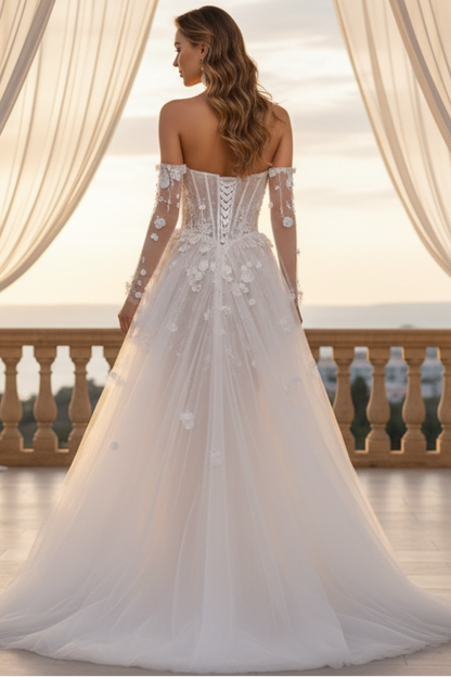 Elegant Sheer Corset Wedding Gown with 3D Floral Appliqués &amp; Detachable Gloves